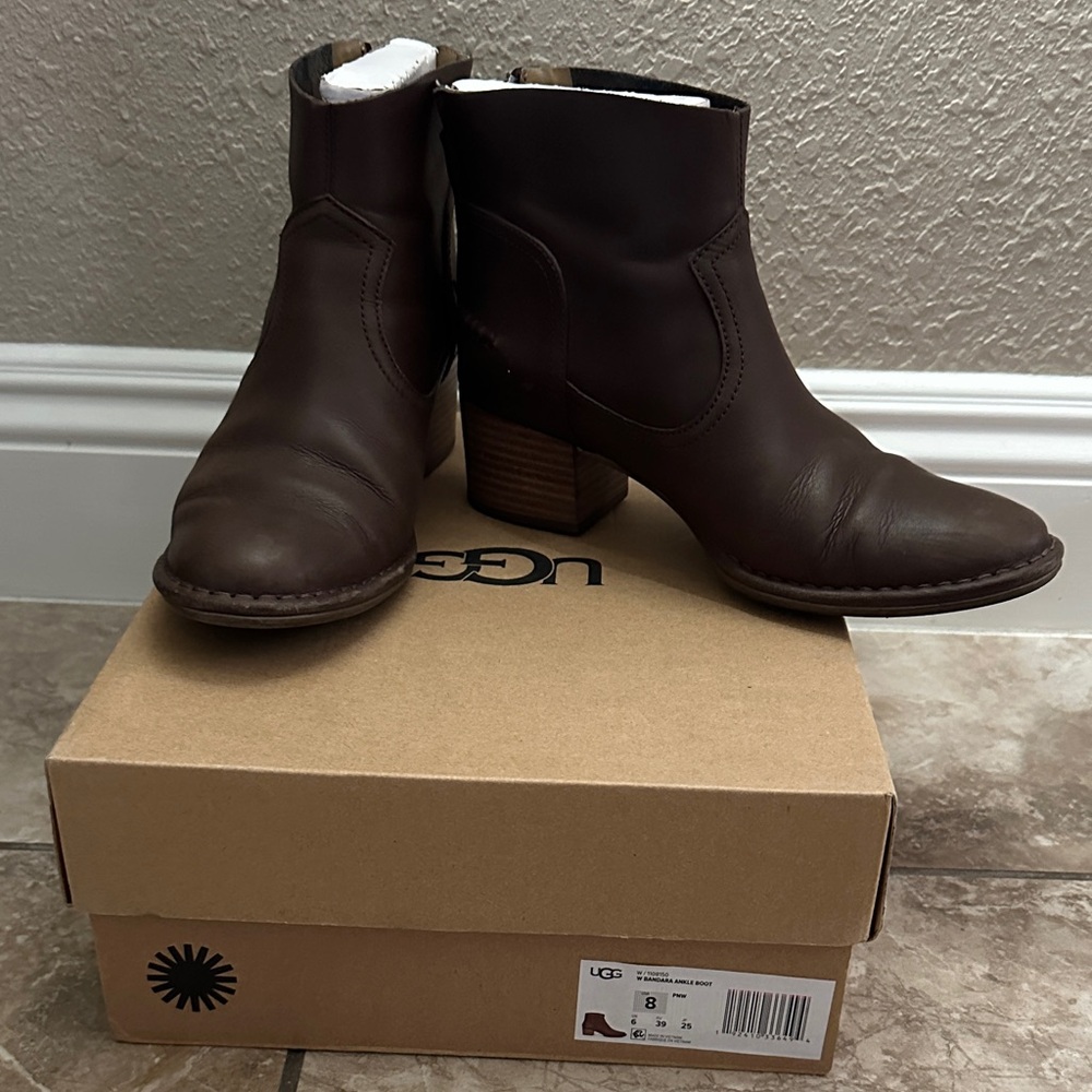 UGG Dark Brown Leather Ankle Booties with Block Heel